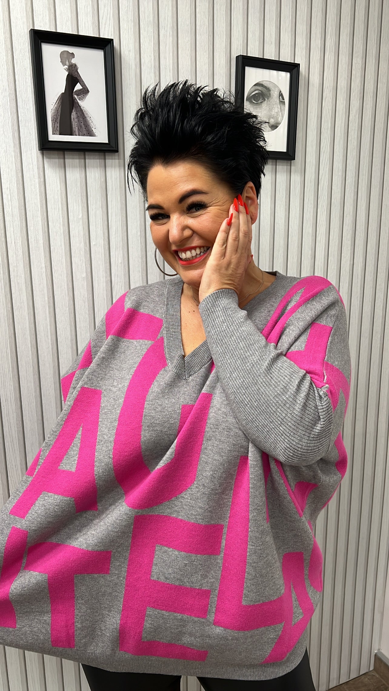 Oversize-Pullover ABC (Grau/Pink)